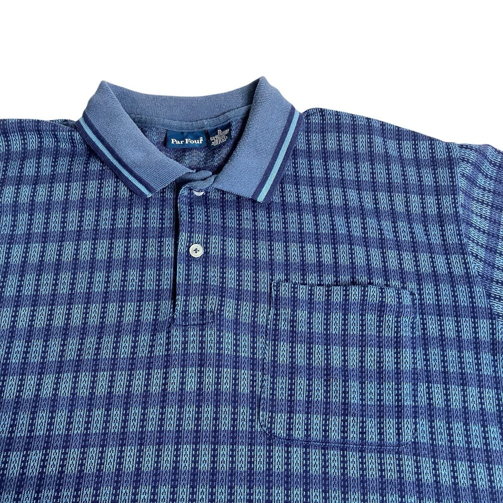 Vintage 80s Par Four Polo Shirt Mens XL Blue Geometric 50/50 Textured Knit USA